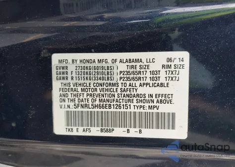 2014 Honda Odyssey Ex-L z USA, uszkodzony, nr VIN 5FNRL5H66EB126151